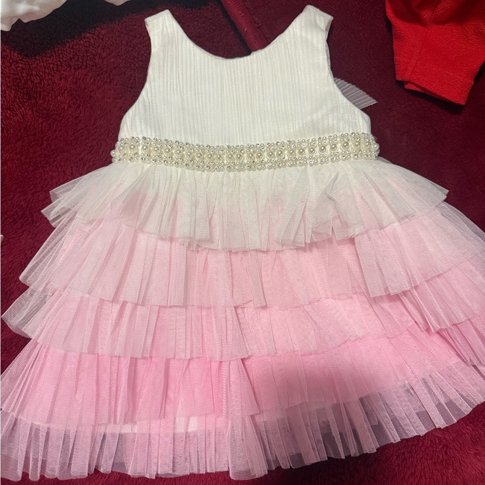 White and Pink Tiered Tulle Dress